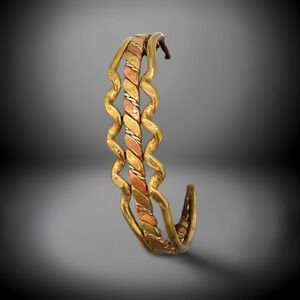 Mixed Metal Gold Copper Silver Tone Cuff Bracelet Unisex 7in Twisted Wavy